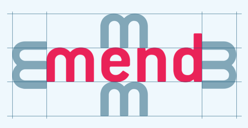Mend wordmark clear space diagram showing the height of the 'm' as the required minimum clear space on all sides