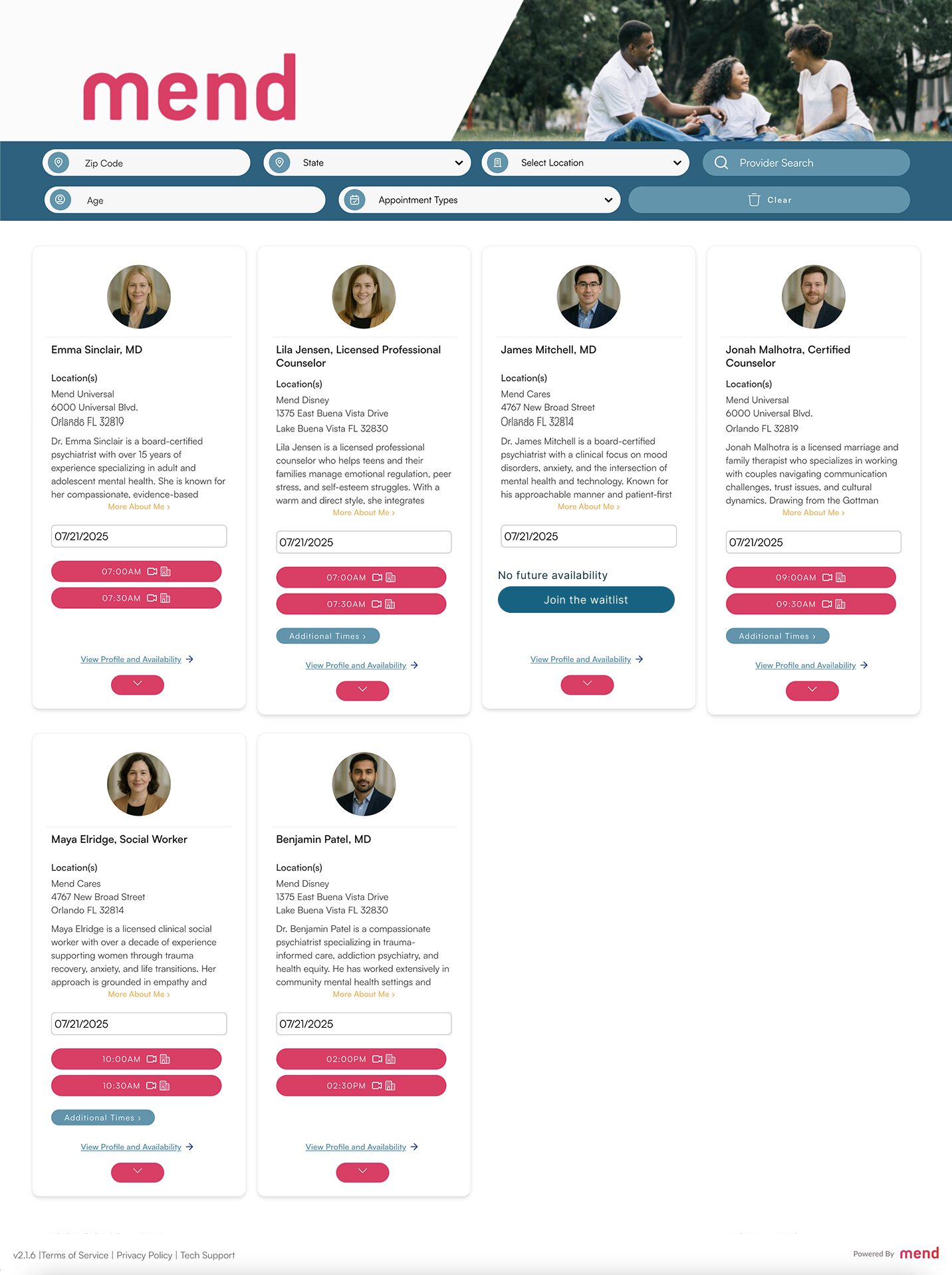 Mend online scheduling interface displaying multiple healthcare provider profiles, appointment availability, and branding elements.