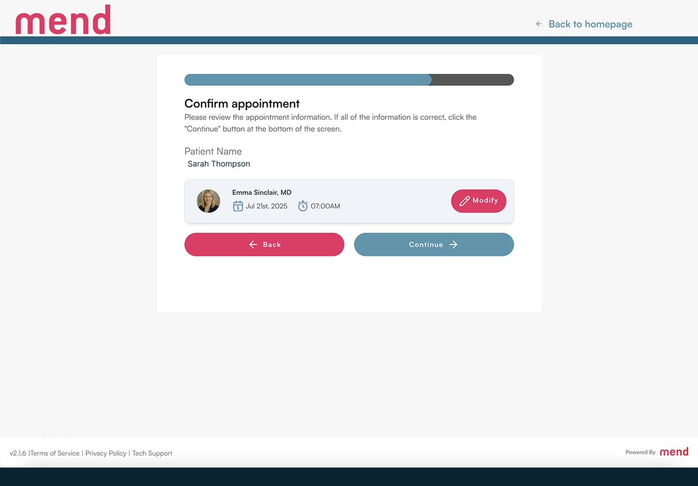 Mend appointment confirmation screen displaying patient name, doctor details, appointment date and time, with options to modify or continue.
