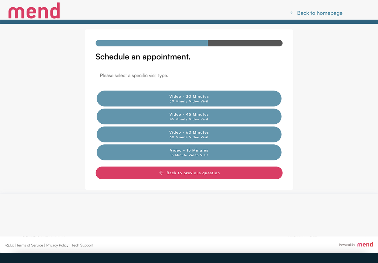 Mend appointment scheduling interface displaying options for video visit durations: 15, 30, 45, and 60 minutes, emphasizing user-friendly appointment management for mental healthcare practices.