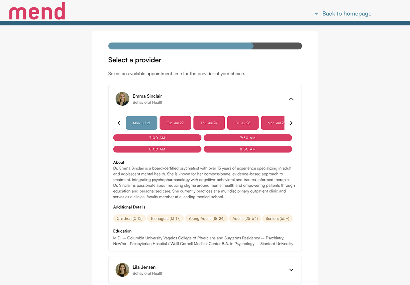 Select a provider interface featuring Dr. Emma Sinclair, a behavioral health psychiatrist, with available appointment times for July 21-25, showcasing scheduling options and user-friendly design aligned with Mend's healthcare technology solutions.